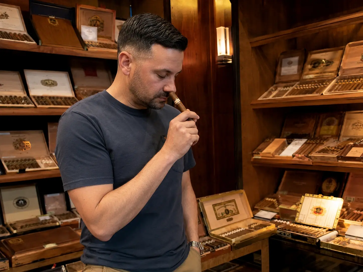 Man smelling a cigar correctly — held at a distance from the nose, gentle inhale at the foot