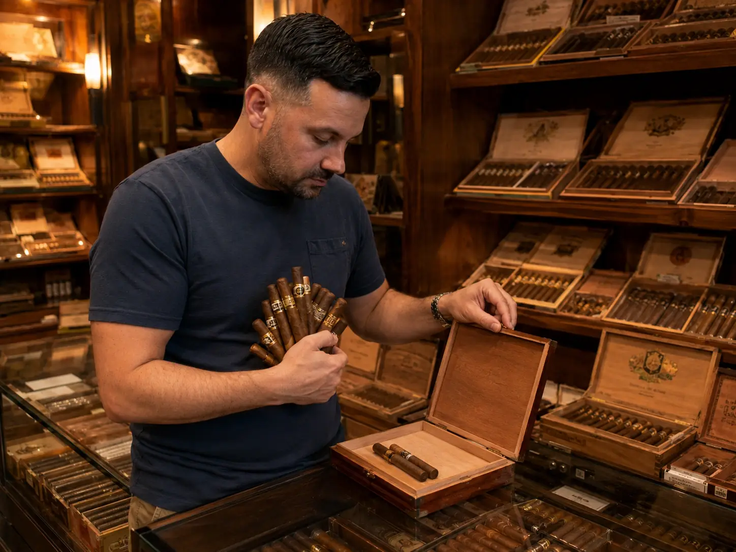 Organized cigar boxes in a walk-in humidor showing proper arrangement by brand and strength