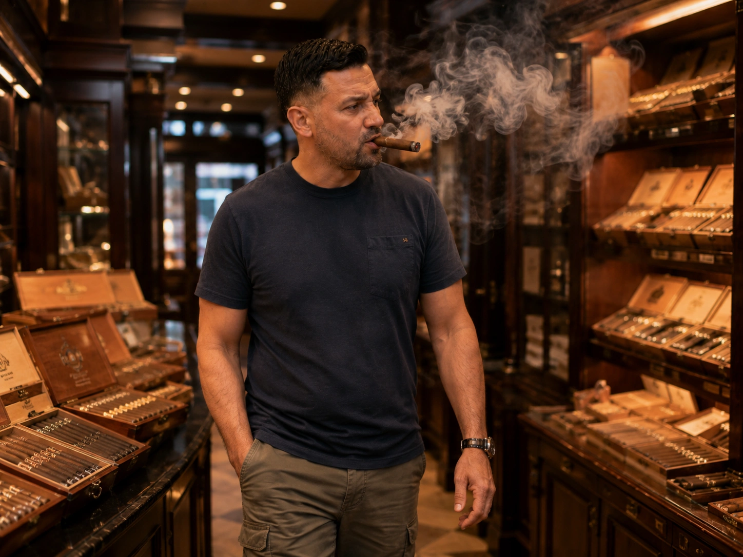 Man with a lit cigar inside a walk-in humidor — exactly what not to do