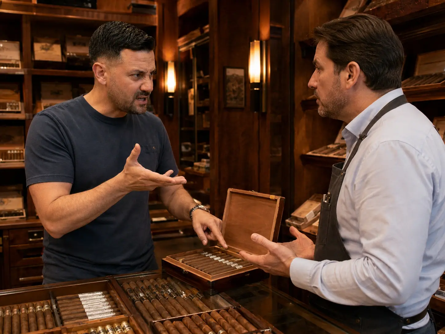Customer in respectful conversation with a tobacconist in the walk-in humidor