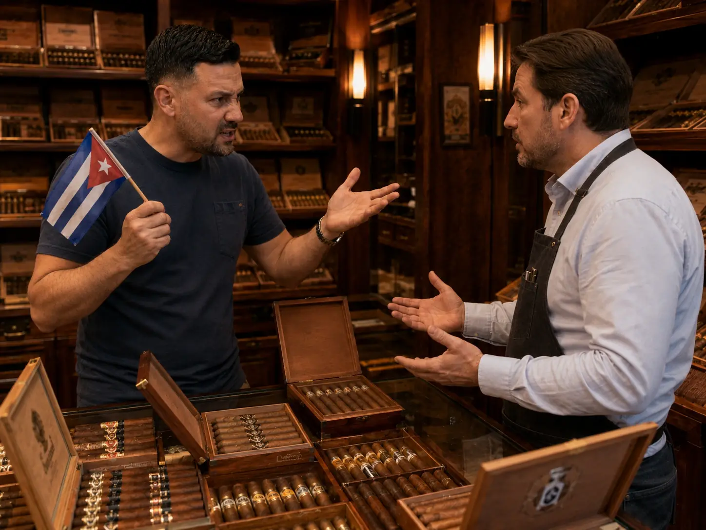 Rows of premium cigars from Nicaragua, Dominican Republic, and Honduras alongside Cuban blends in a walk-in humidor
