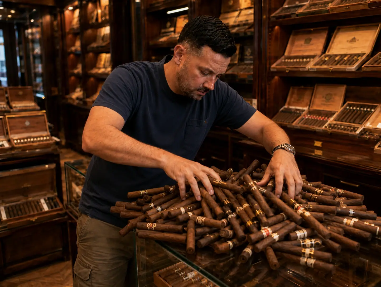 Walk-in humidor shelf with organized cigar boxes — limited releases should stay shared among customers